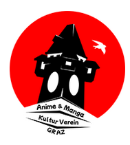 Ein schwarzer Uhrturm vor einem Roten Kreis, darunter der Schriftzug "Anime & Manga Kultur Verein Graz".