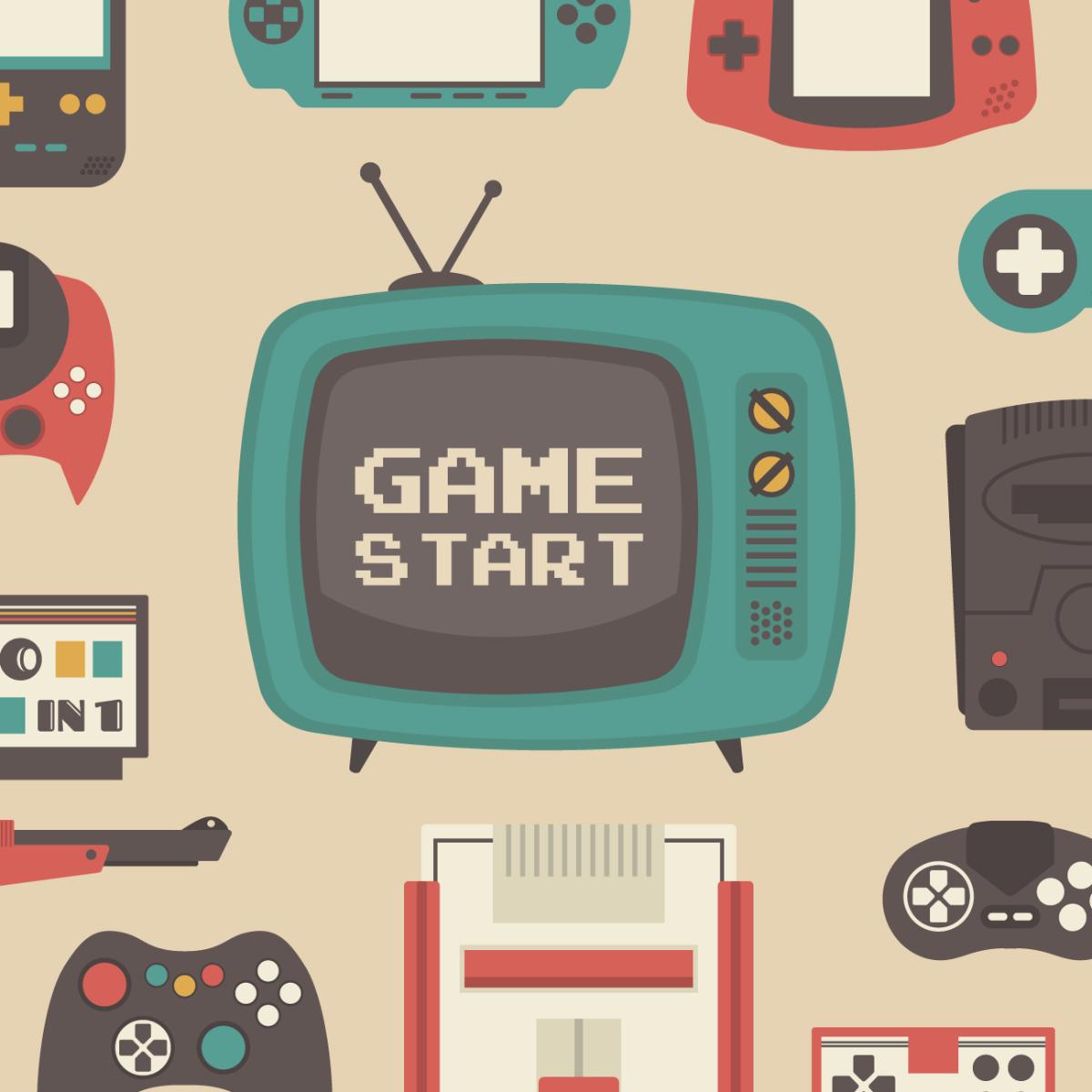 Eine Illustration von einem Röhrenfernseher, umgeben von verschiedenen Konsolen. Auf dem Bildschirm ist der Text "Game Start" zu lesen.